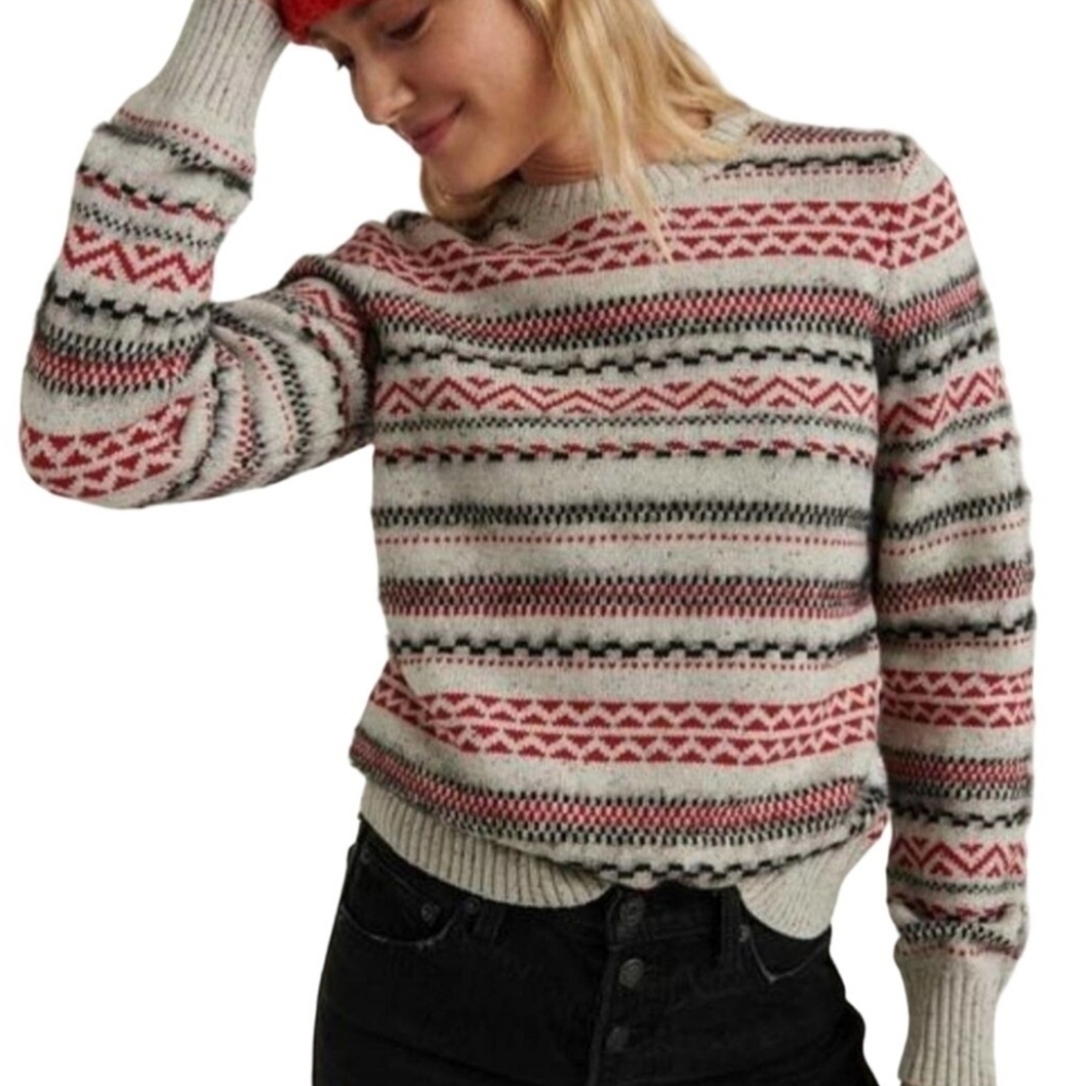 Lucky Brand FairIsle Nordic Gray Black Red Wool Cotton Blend Sweater Size S